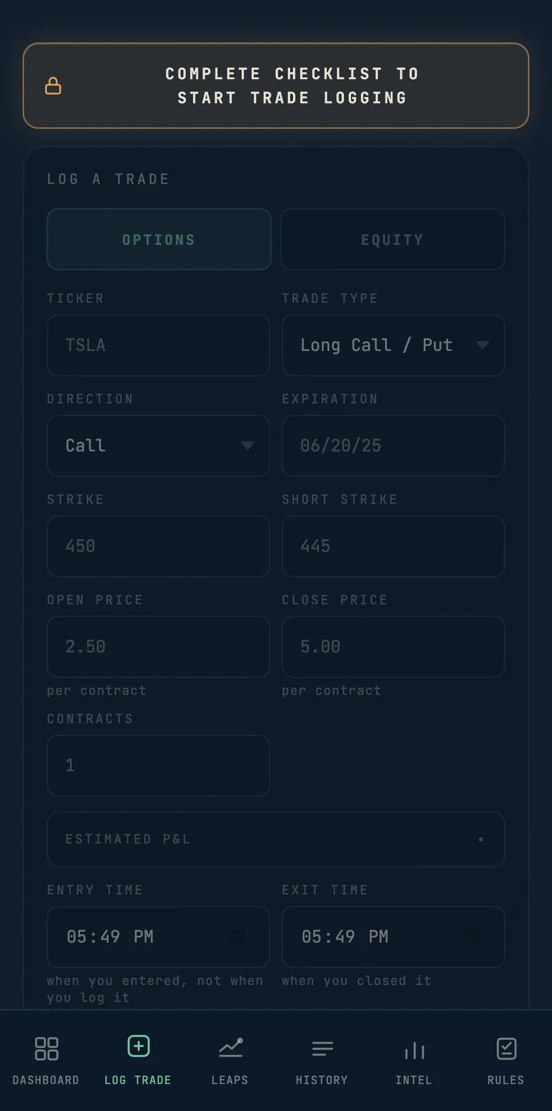 The Log Trade tab, locked, with a padlock reading complete checklist to start trade logging